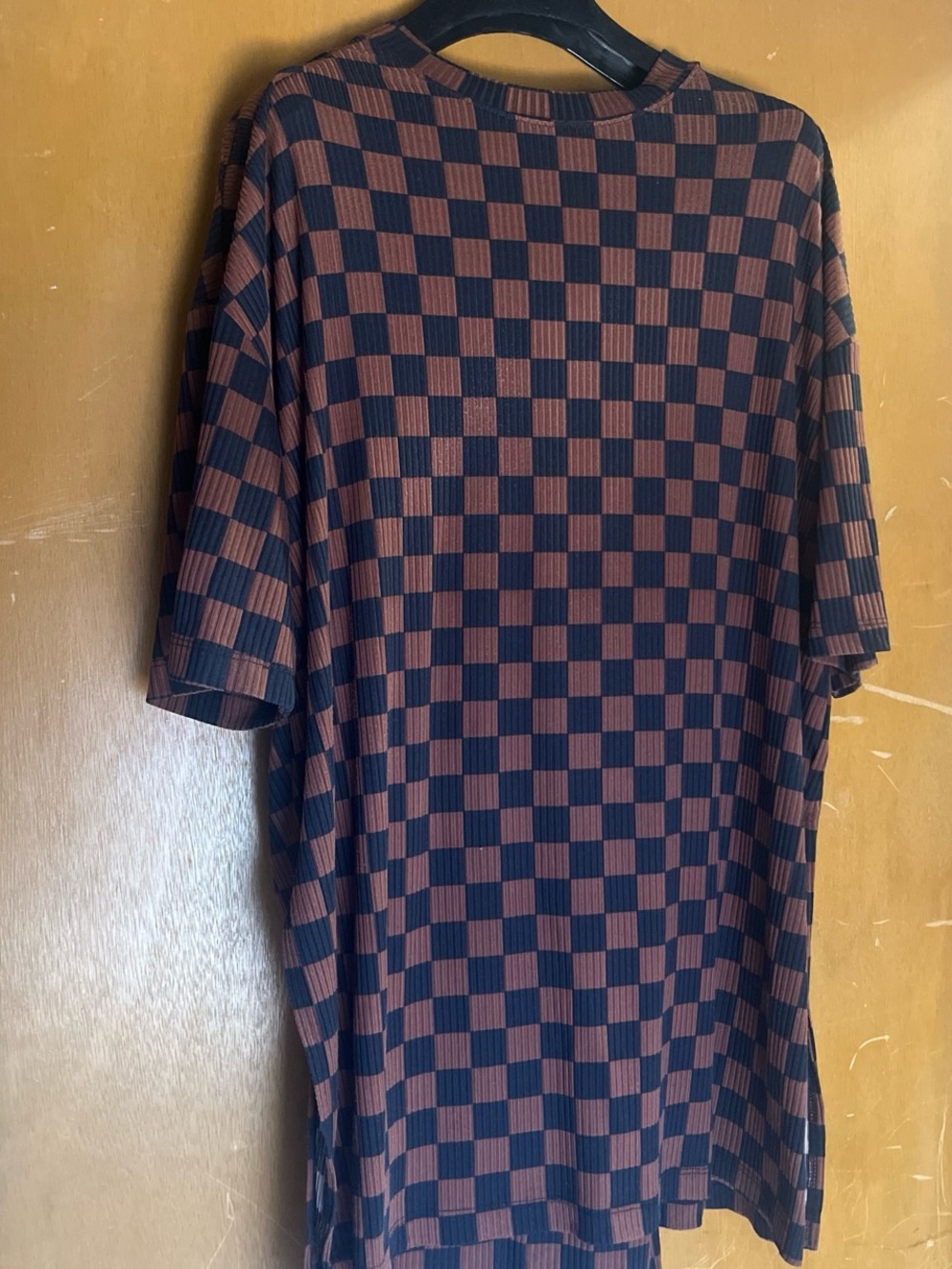 Dressed in LALA Women's Checkerboard Short Sleeve Tee Set- Brown & Black